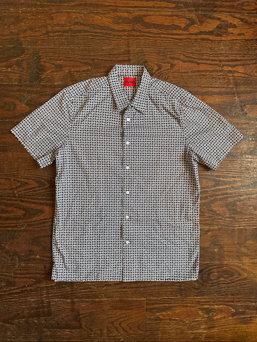 HUGO Navy Blue and White Geometric Short Sleeve Button-Up Shirt Size L